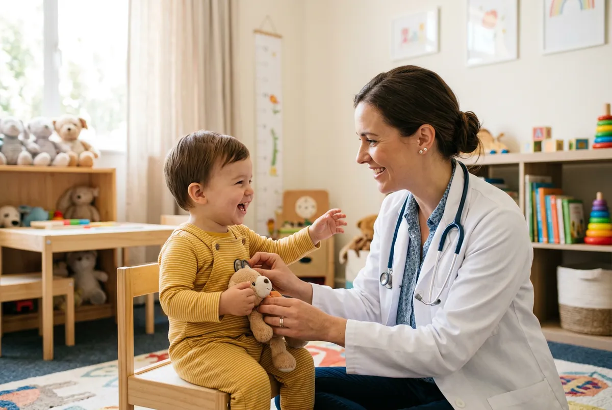 Pediatra atendiendo con calidez a un niño feliz
