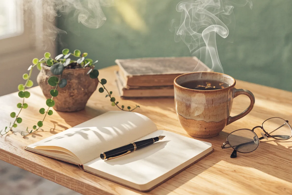 Escritorio de consulta con libreta y té